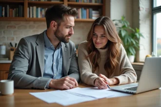 Jeune couple dans une cuisine moderne lisant des documents