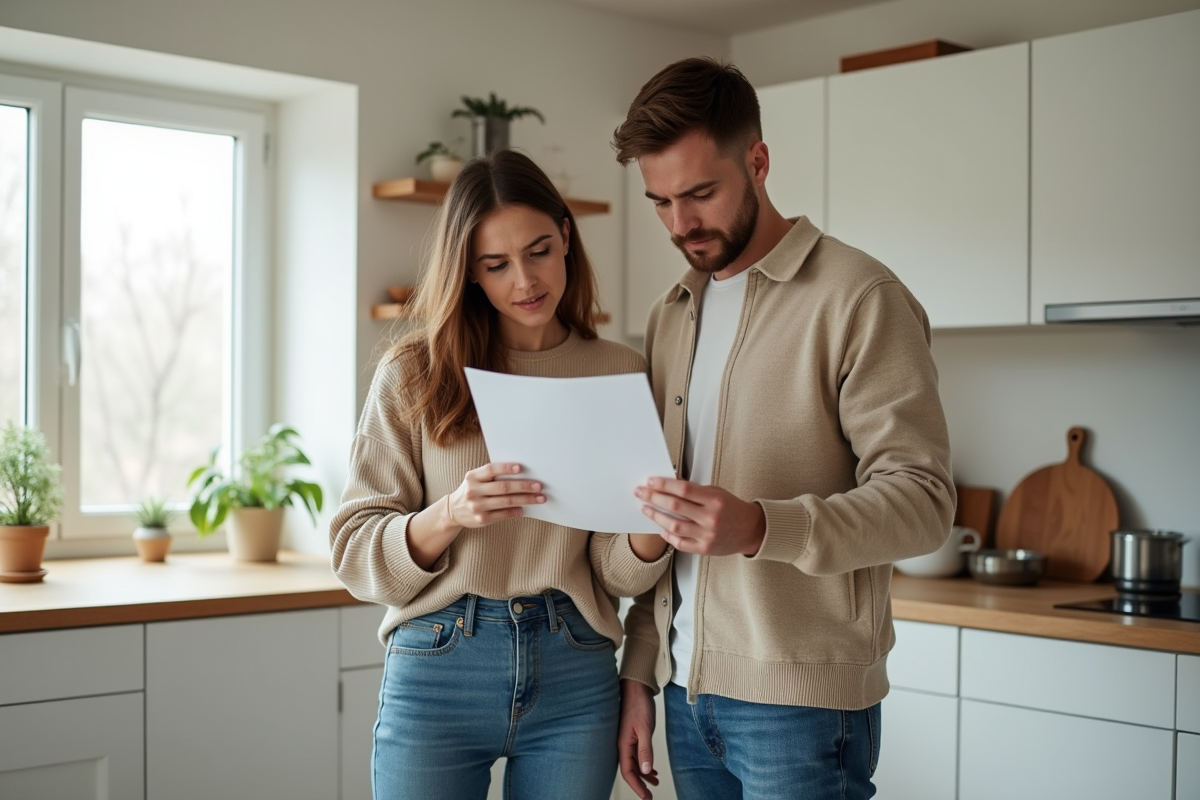 Jeune couple dans la cuisine examine une lettre