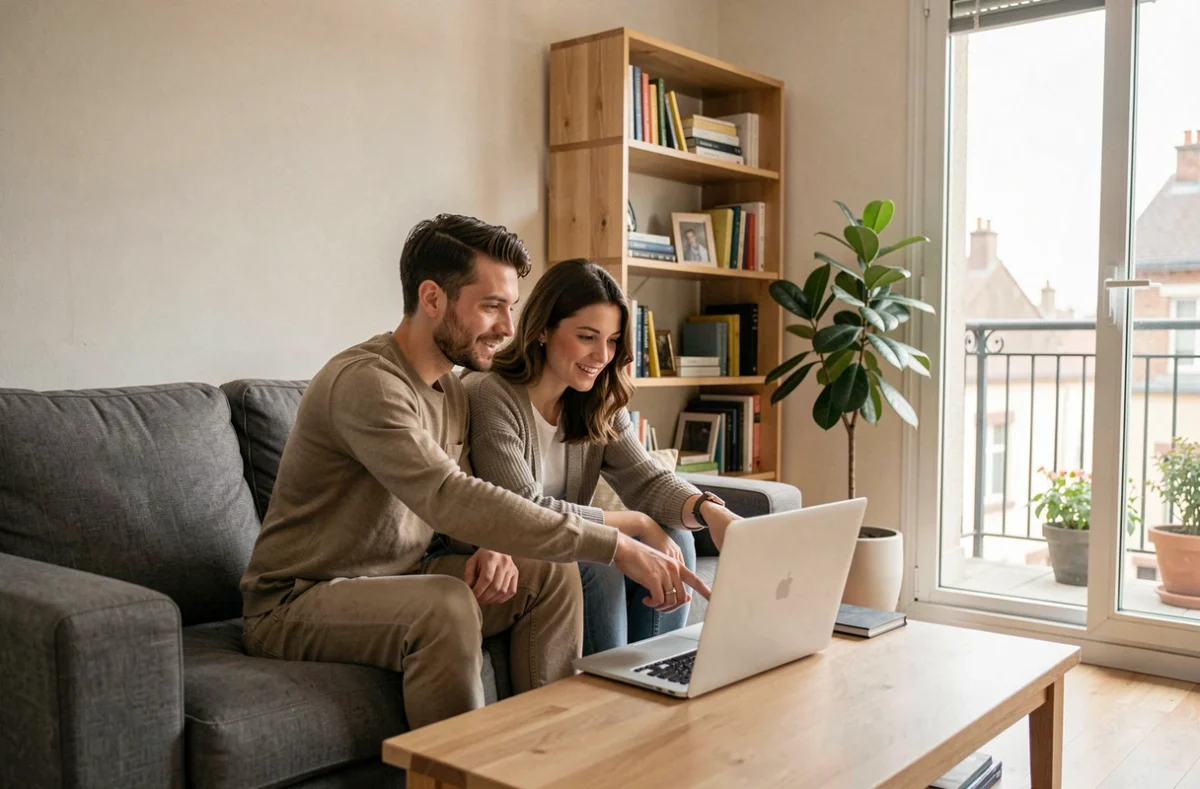 Couple de locataires comparant des offres d'assurance habitation sur un ordinateur portable dans leur salon