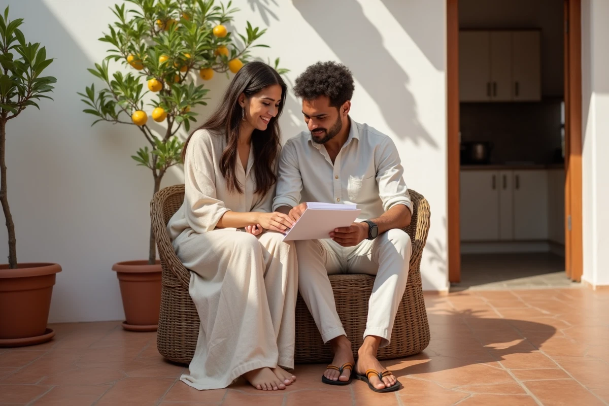 Couple marocain examinant un contrat de location longue durée dans le patio d'une maison avec jardin à Essaouira, ambiance détendue et authentique