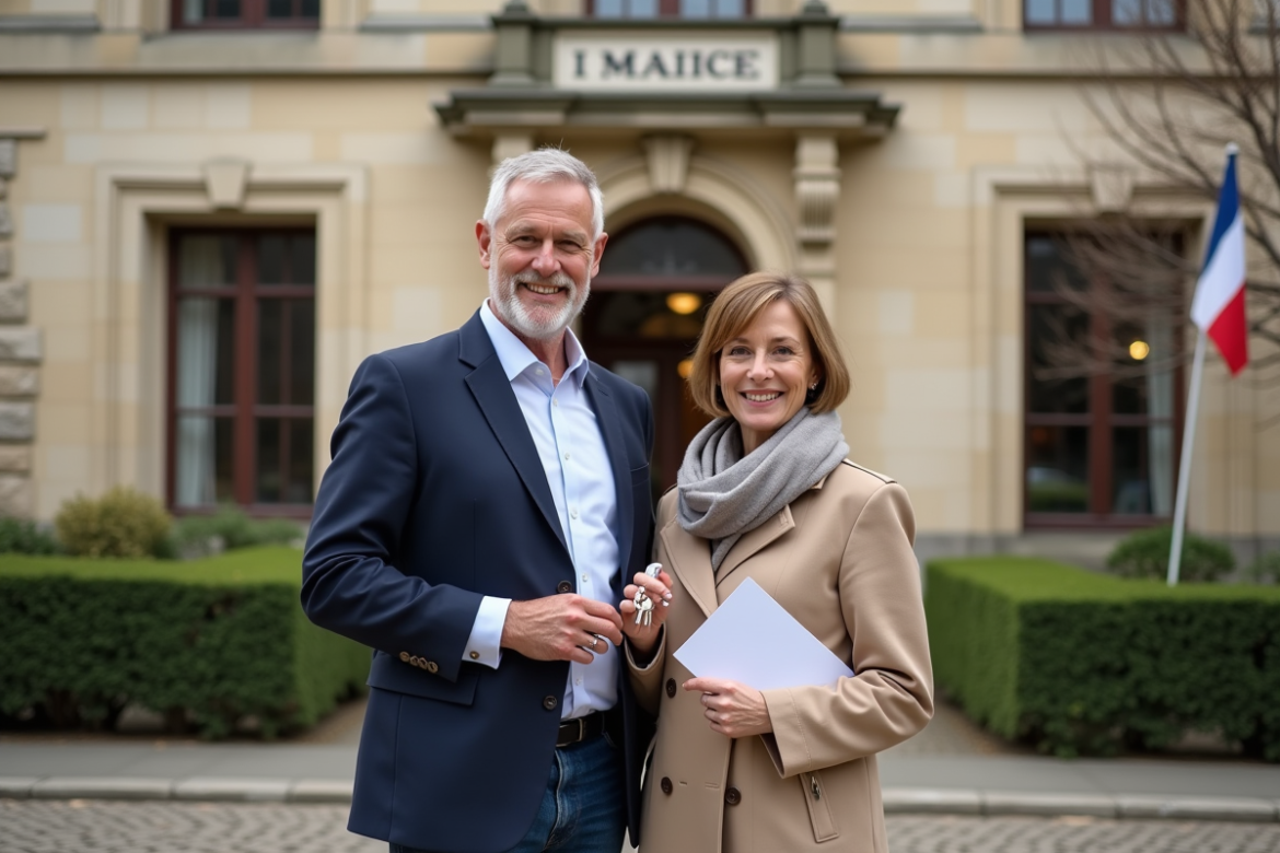 Couple souriant devant la mairie avec clés et documents