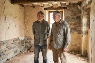 Couple examinant les murs en pierres apparentes et les plâtres fissurés d'une vieille maison en cours de rénovation à petit budget