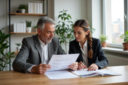 Couple en réunion immobiliere dans un bureau moderne