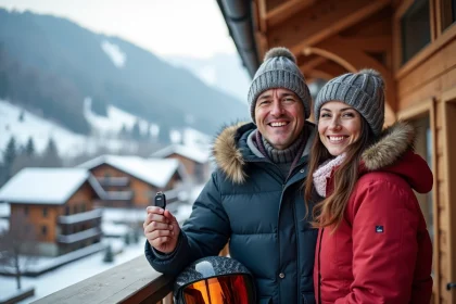 Couple souriant avec clés et casque de ski devant chalet