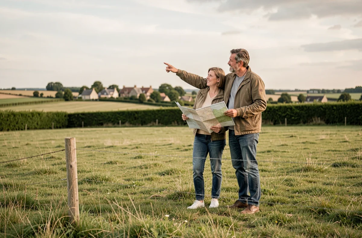 Couple consultant un plan cadastral sur un terrain à donner en milieu rural français