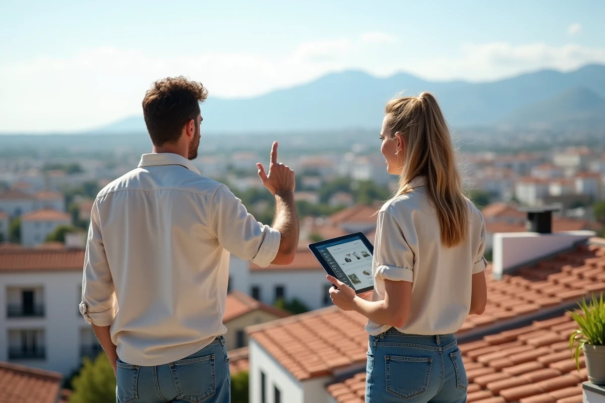Couple consultant un site immobilier sur tablette depuis une terrasse avec vue panoramique sur les toits de Perpignan
