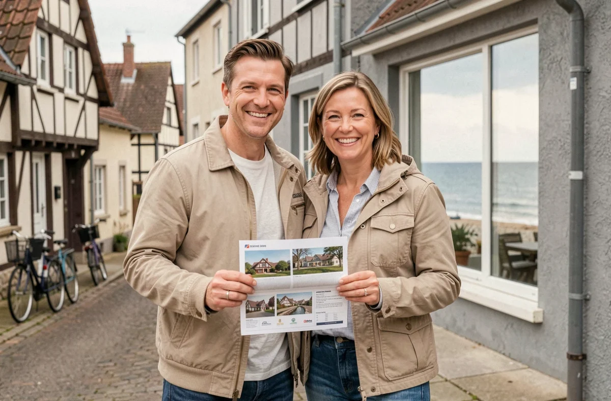 Couple devant une maison bord de mer en Normandie sans travaux lors d'une visite immobilière