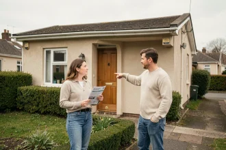 Couple visitant une maison plain-pied de plain-pied 2 chambres à louer dans un quartier résidentiel calme