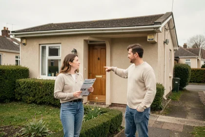 Couple visitant une maison plain-pied de plain-pied 2 chambres à louer dans un quartier résidentiel calme