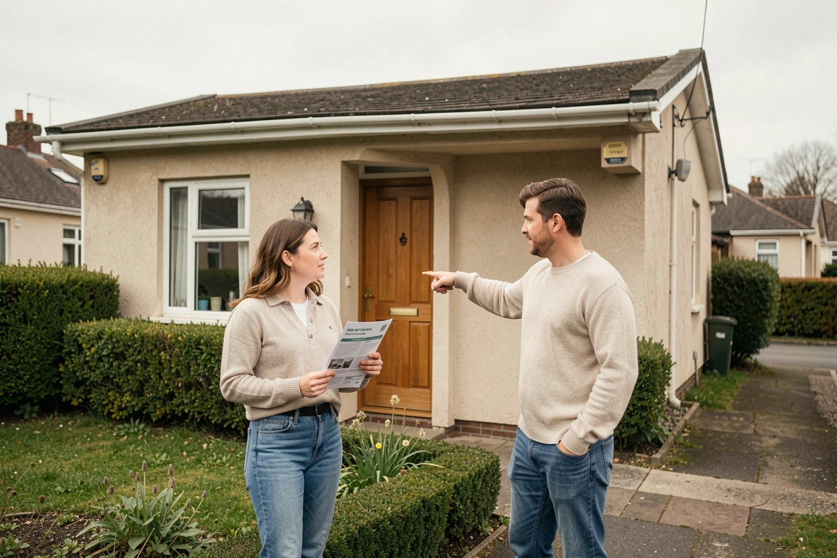Couple visitant une maison plain-pied de plain-pied 2 chambres à louer dans un quartier résidentiel calme