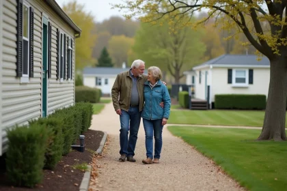 Couple examine mobile home dans un camping naturel