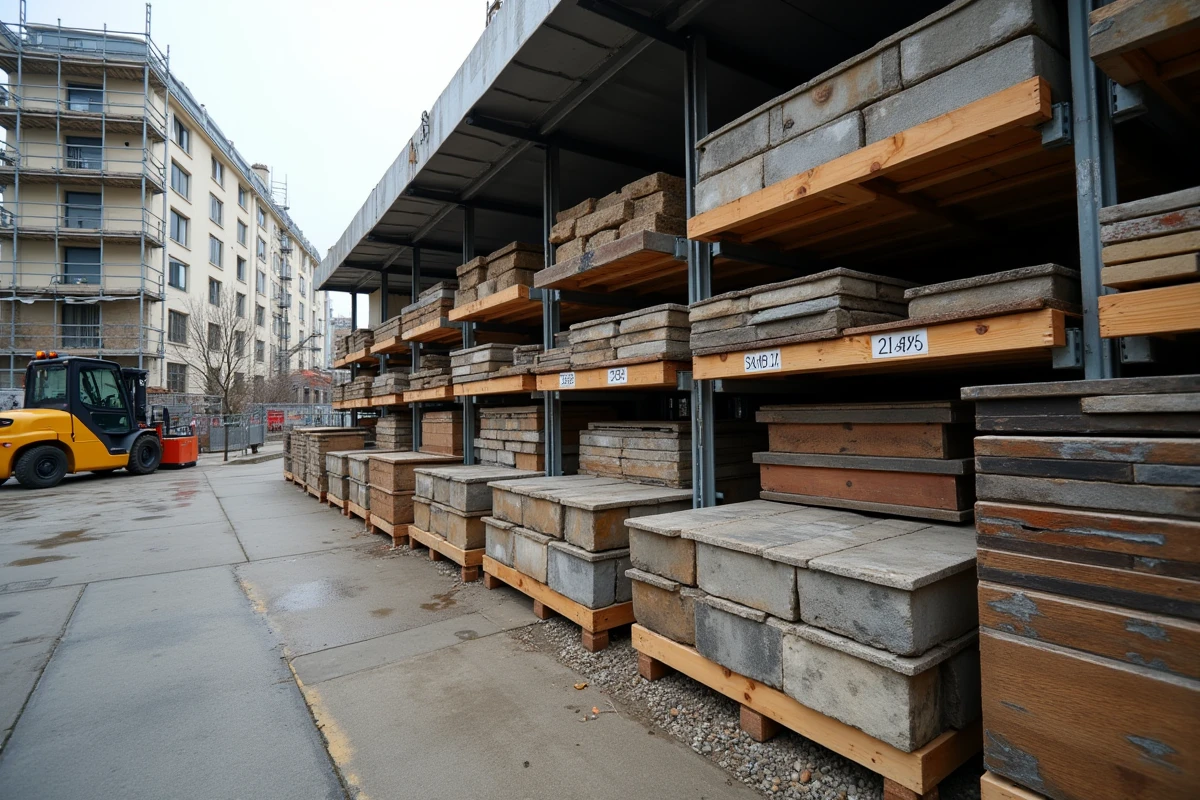 Cour de tri de matériaux de réemploi organisée sur un chantier bas carbone parisien avec pierres, bois et éléments métalliques récupérés