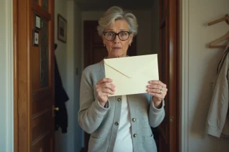 Femme tenant une enveloppe suspecte dans un couloir d'appartement parisien, regard méfiant et prudent