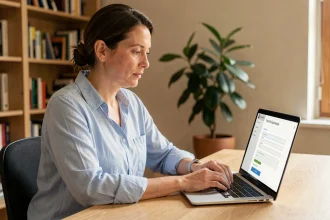Femme consultant une plateforme de demande de logement en ligne sur son ordinateur portable en 2026