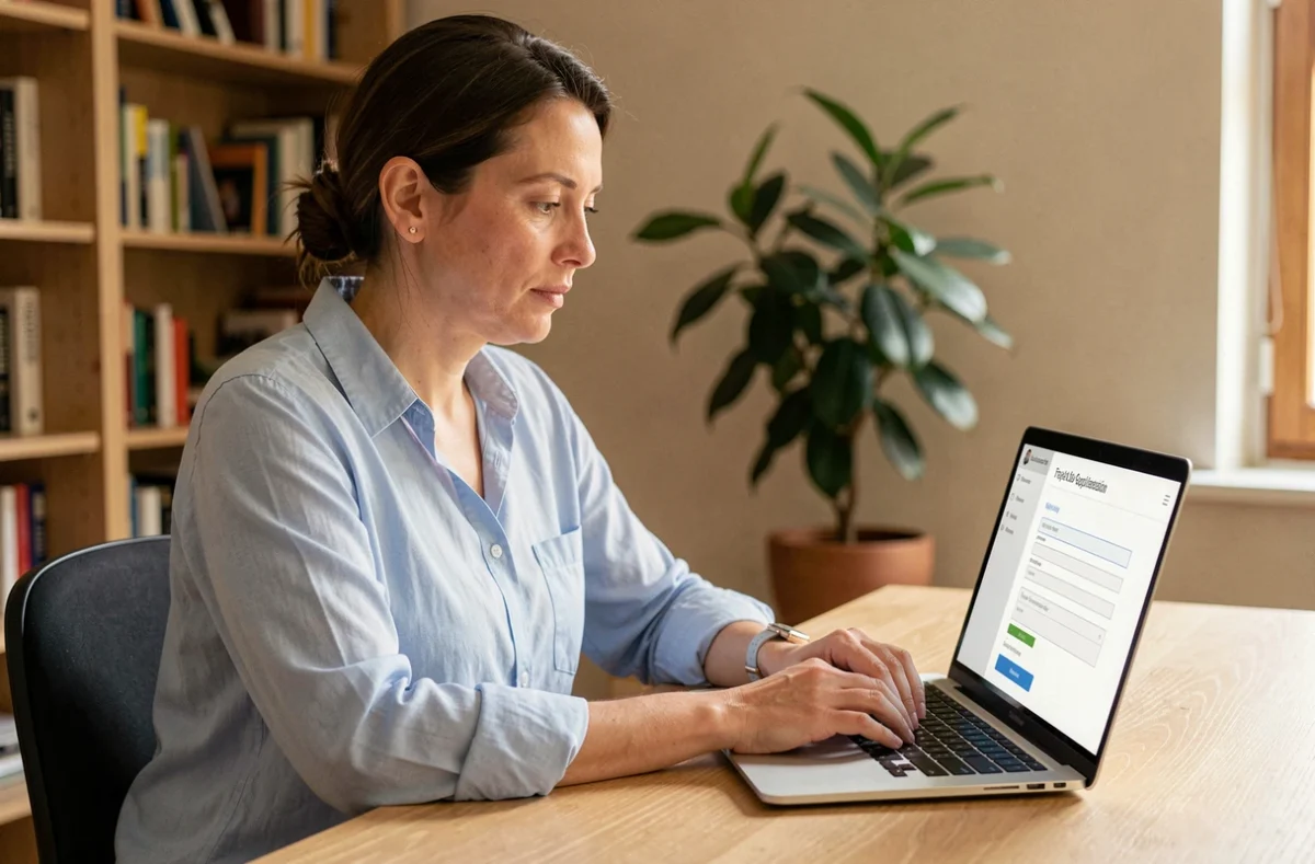Femme consultant une plateforme de demande de logement en ligne sur son ordinateur portable en 2026