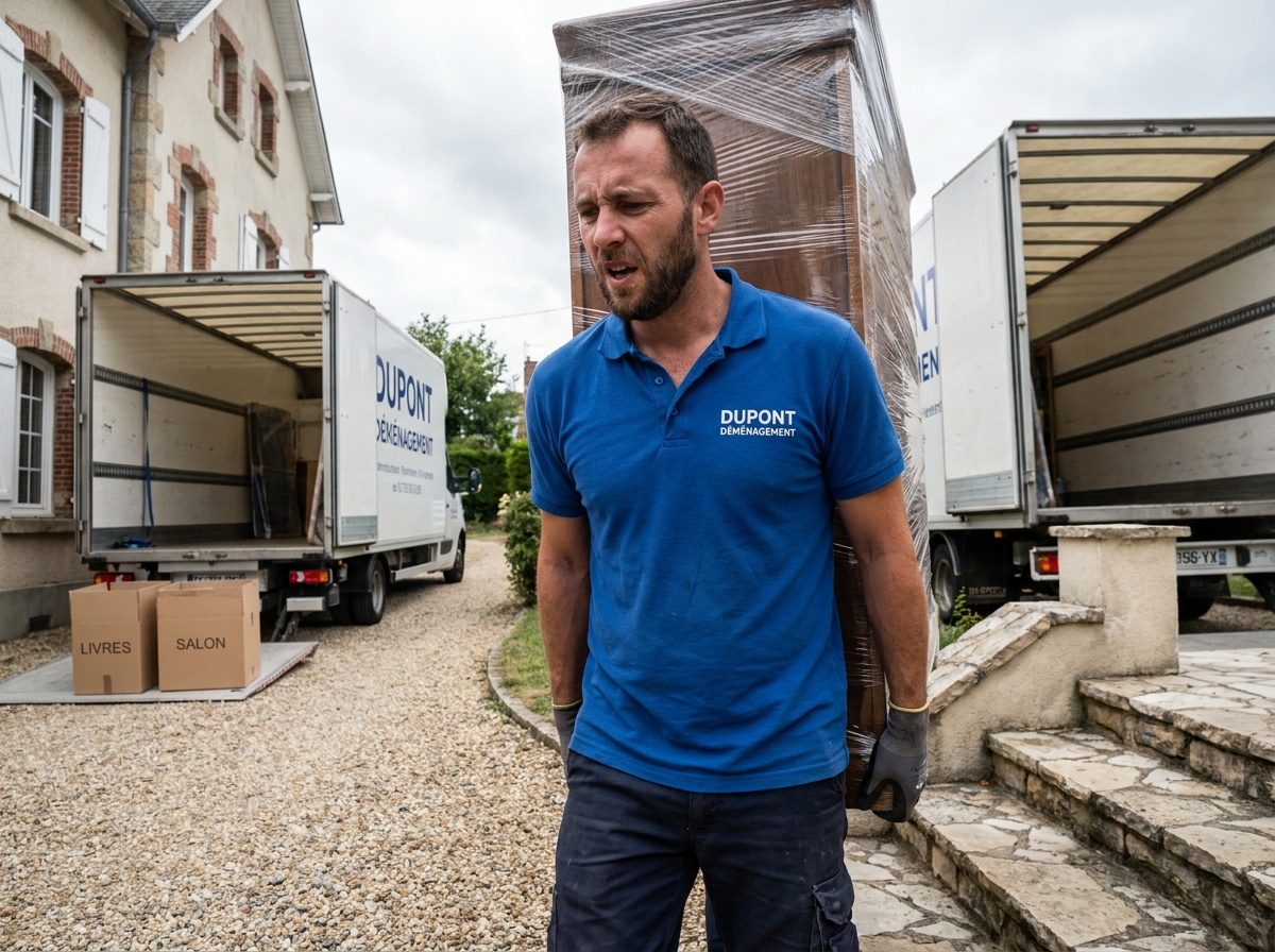 Déménageur professionnel transportant des meubles lourds vers un camion de déménagement devant une maison