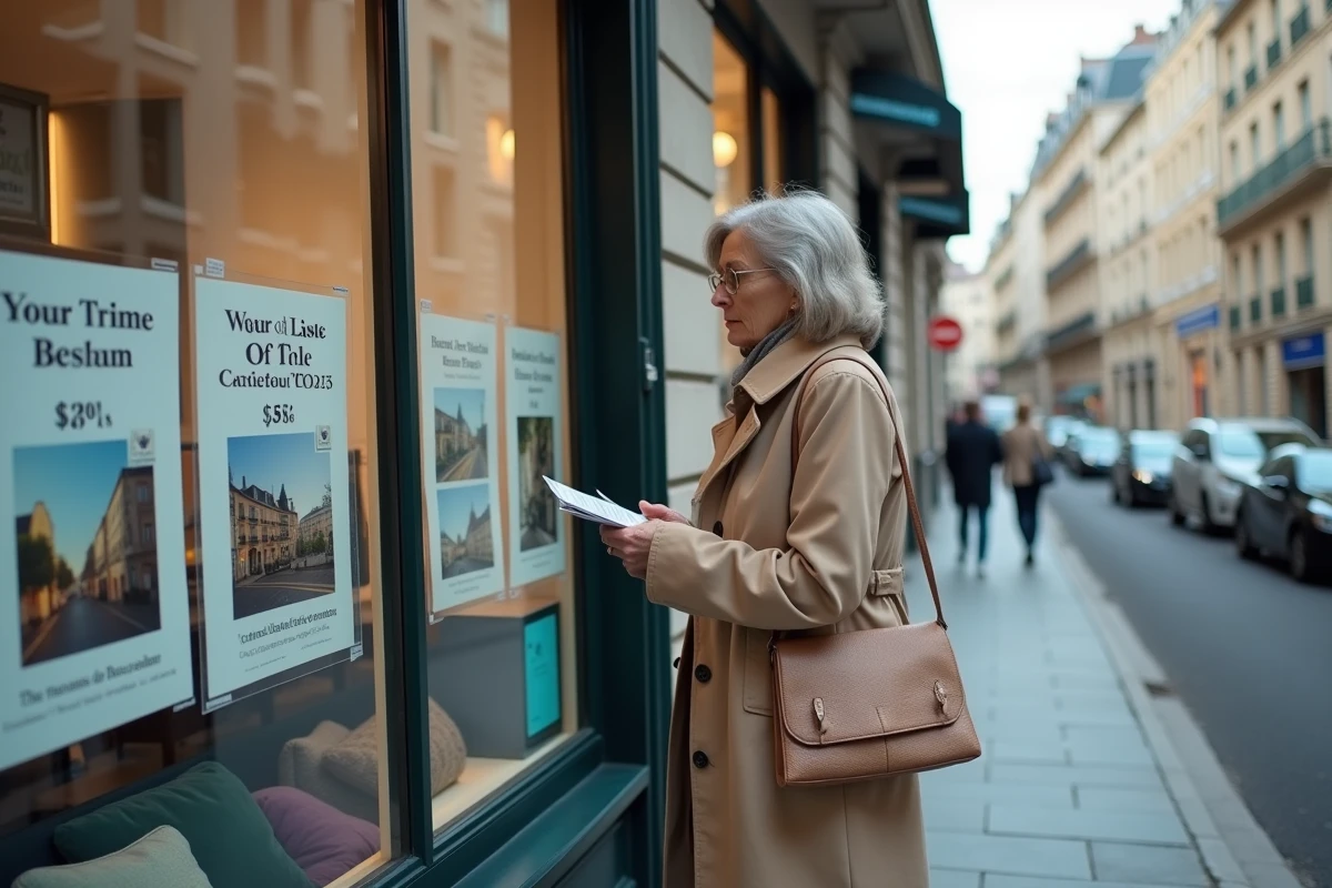 Devantures de deux agences immobilières côte à côte dans une rue française avec affiches de honoraires visibles