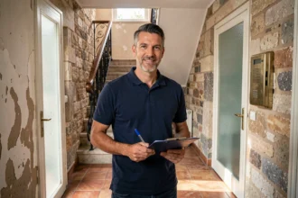 Diagnostiqueur immobilier professionnel dans l'entrée d'un immeuble marseillais typique avec murs en pierre apparente et carrelage ancien