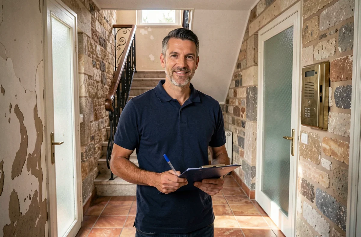 Diagnostiqueur immobilier professionnel dans l'entrée d'un immeuble marseillais typique avec murs en pierre apparente et carrelage ancien
