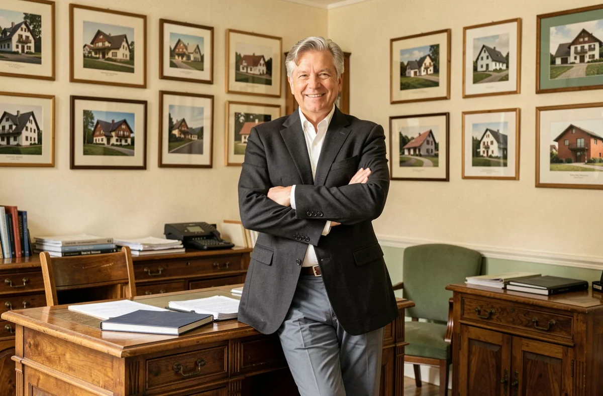 Agent immobilier historique Ducroz Immobilier dans une agence traditionnelle en Haute-Savoie avec des photos de propriétés encadrées