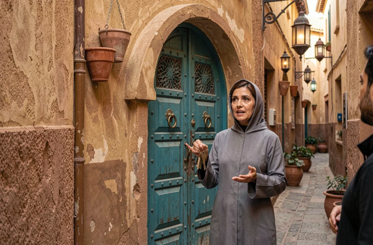 Agente immobilière marocaine présentant l'entrée d'un riad à vendre dans une ruelle de la médina de Marrakech