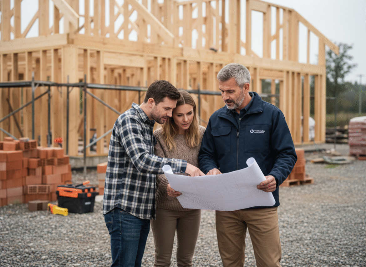 Chef de chantier avec plans devant maison en construction