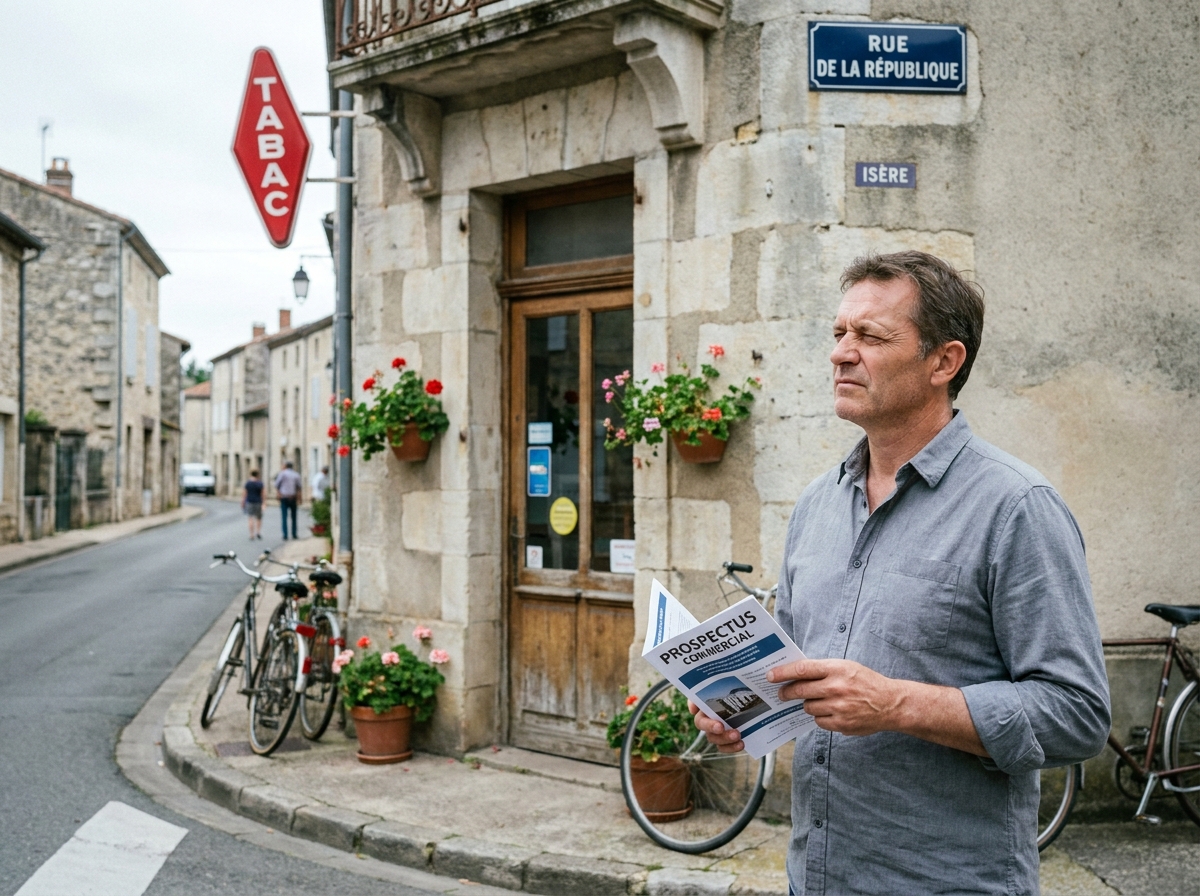 Entrepreneur évaluant la façade d'un bureau de tabac à reprendre dans une ville d'Isère