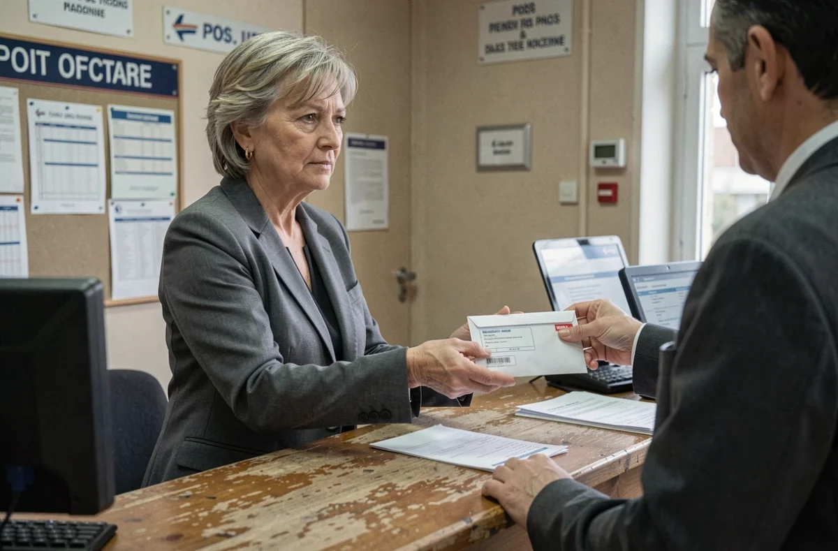 Femme envoyant une lettre recommandée de résiliation d'assurance habitation à la poste