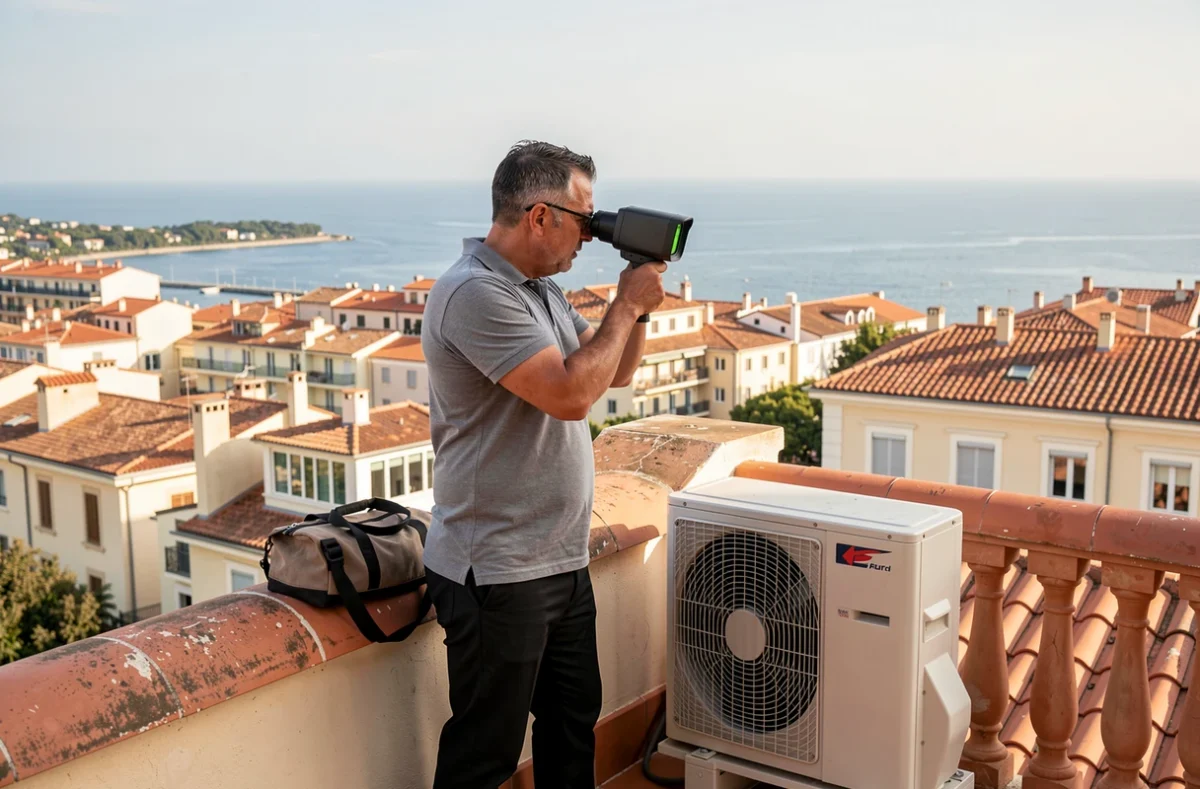 Eric Missud Vairo, diagnostiqueur immobilier, utilisant une caméra thermique sur une terrasse de toit à Marseille avec vue sur la ville
