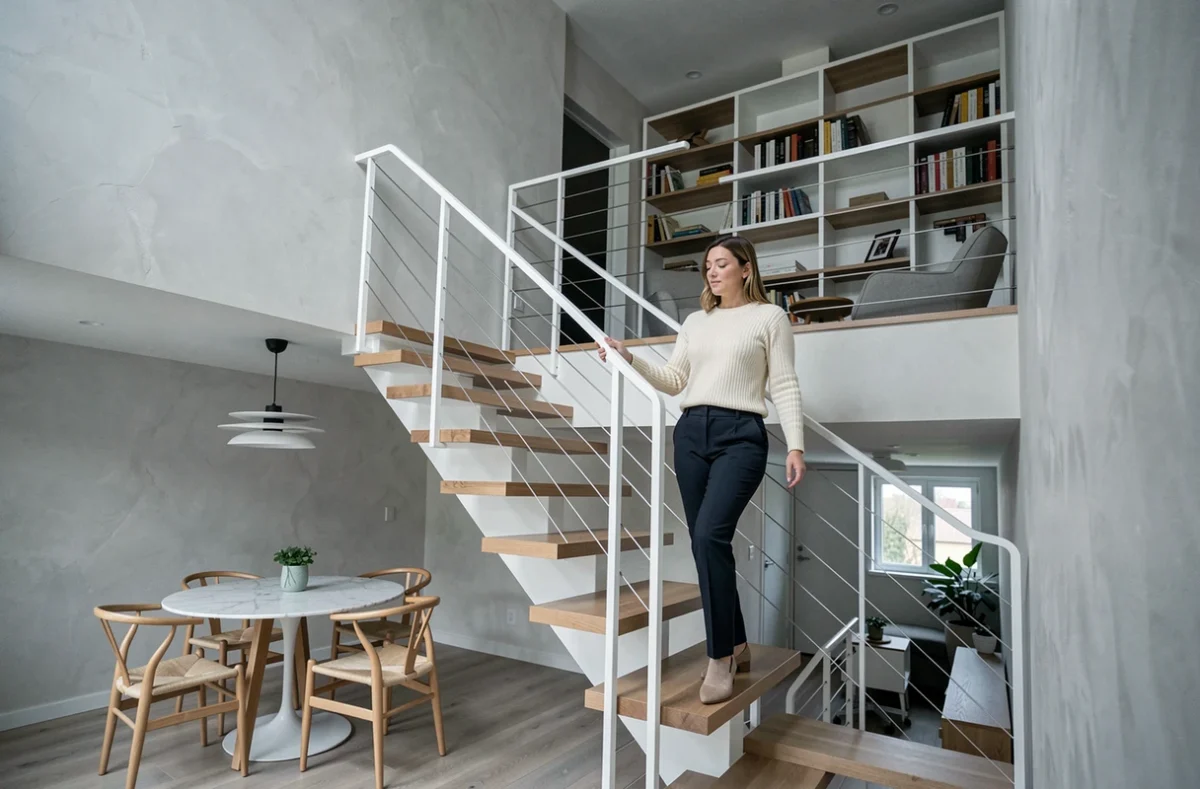 Escalier flottant dans un duplex contemporain reliant deux niveaux avec espace repas et mezzanine bibliothèque