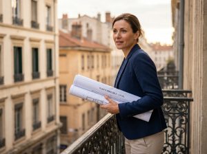 Femme tenant des plans immobiliers sur un balcon haussmannien à Lyon, découvrant une estimation de bien plus élevée que prévu