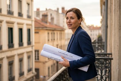 Femme tenant des plans immobiliers sur un balcon haussmannien à Lyon, découvrant une estimation de bien plus élevée que prévu