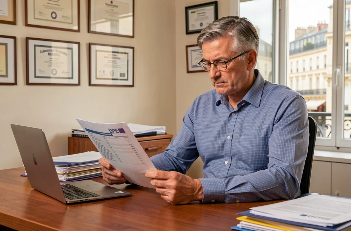 Etienne Devanlay, diagnostiqueur immobilier, analysant un rapport DPE dans son bureau professionnel à Marseille