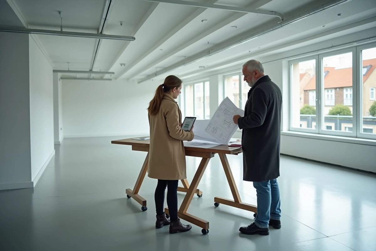 Deux professionnels étudiant les plans d'un local commercial vide à Dijon avant signature