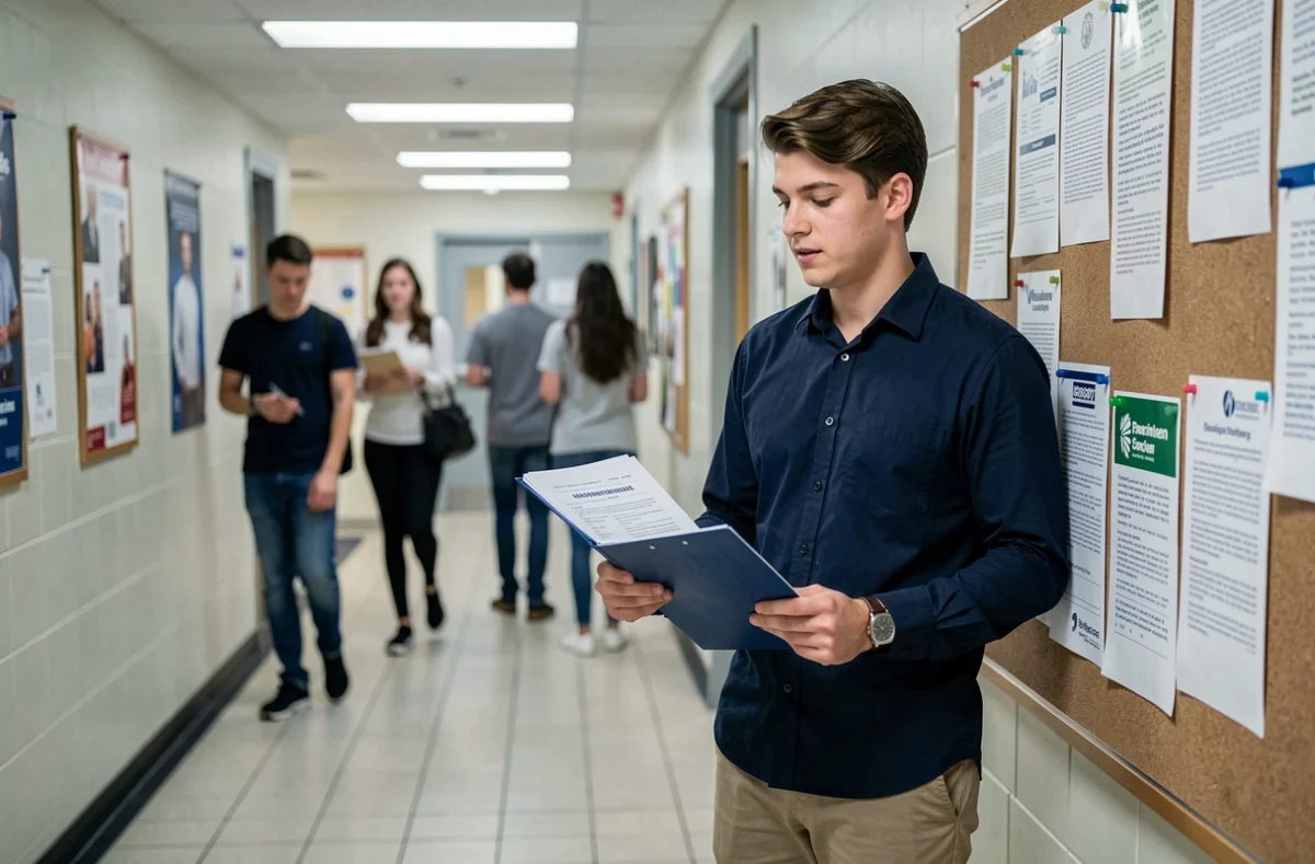 Étudiant consultant des documents d'assurance dans un couloir universitaire