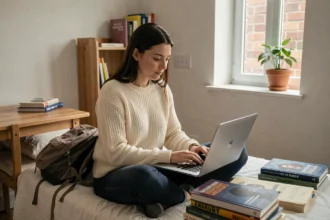 Étudiante souscrivant une assurance logement en ligne depuis son studio universitaire