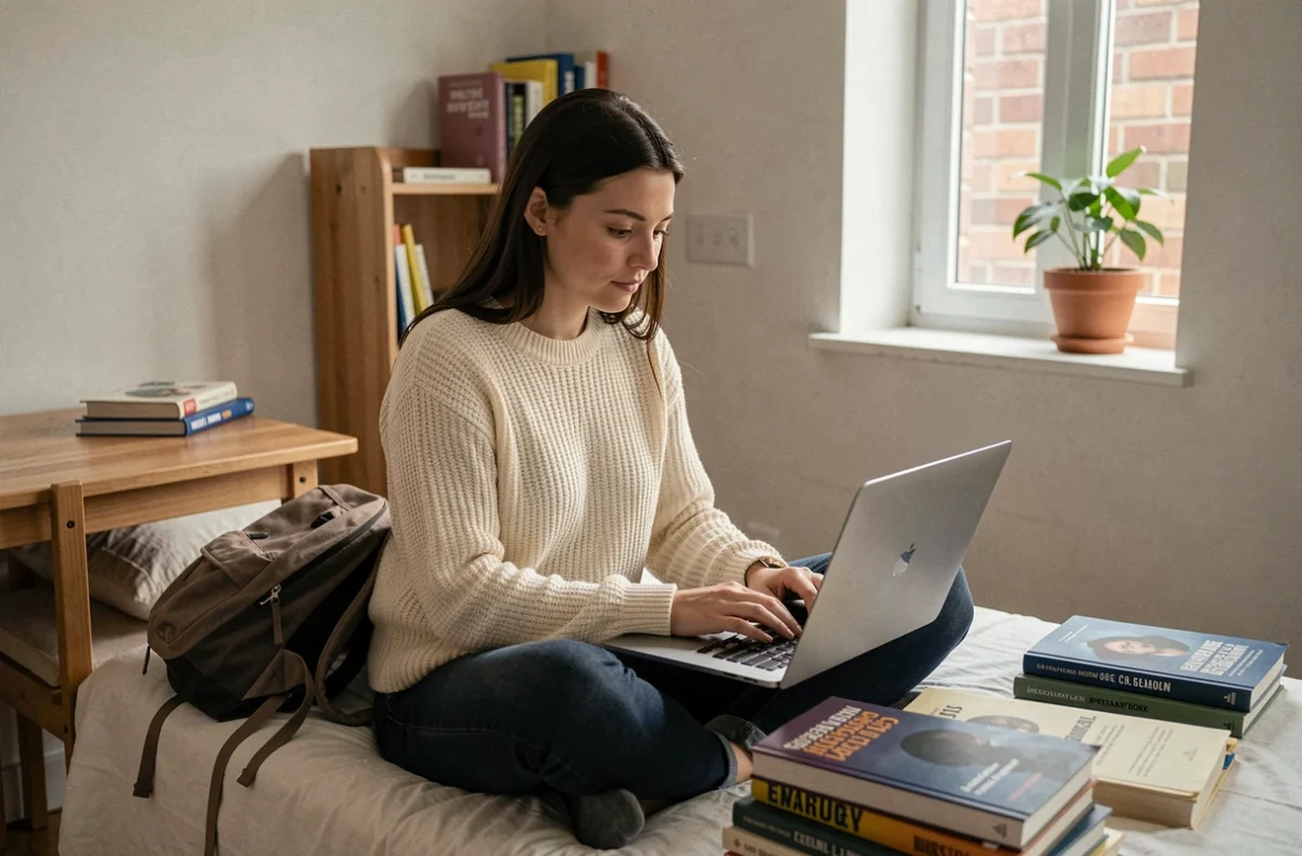 Étudiante souscrivant une assurance logement en ligne depuis son studio universitaire