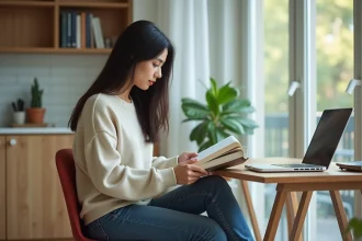 Jeune femme étudiante lisant un livre dans un studio moderne