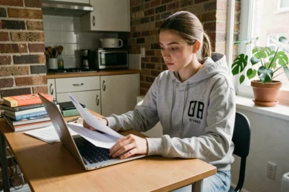Étudiante consultant des documents de mutuelle et assurance dans son appartement