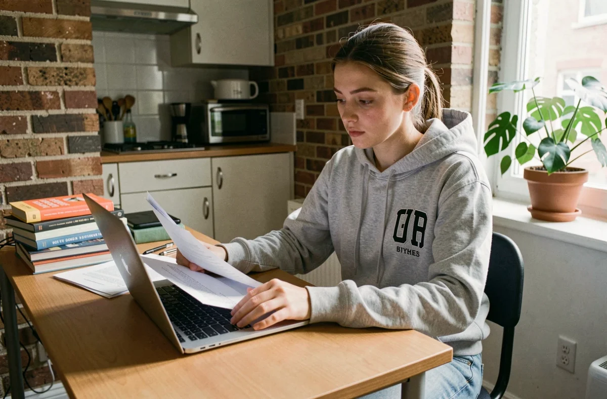 Étudiante consultant des documents de mutuelle et assurance dans son appartement