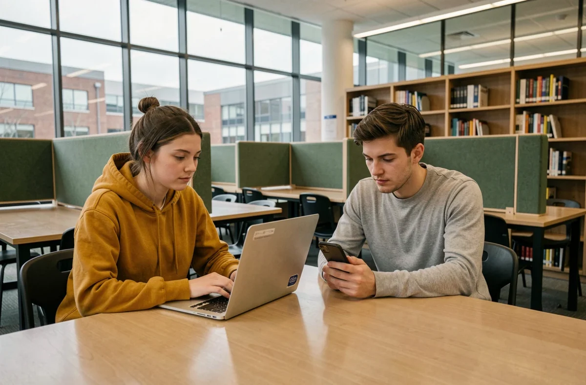 Deux étudiants comparant des offres d'assurance logement en ligne à la bibliothèque universitaire
