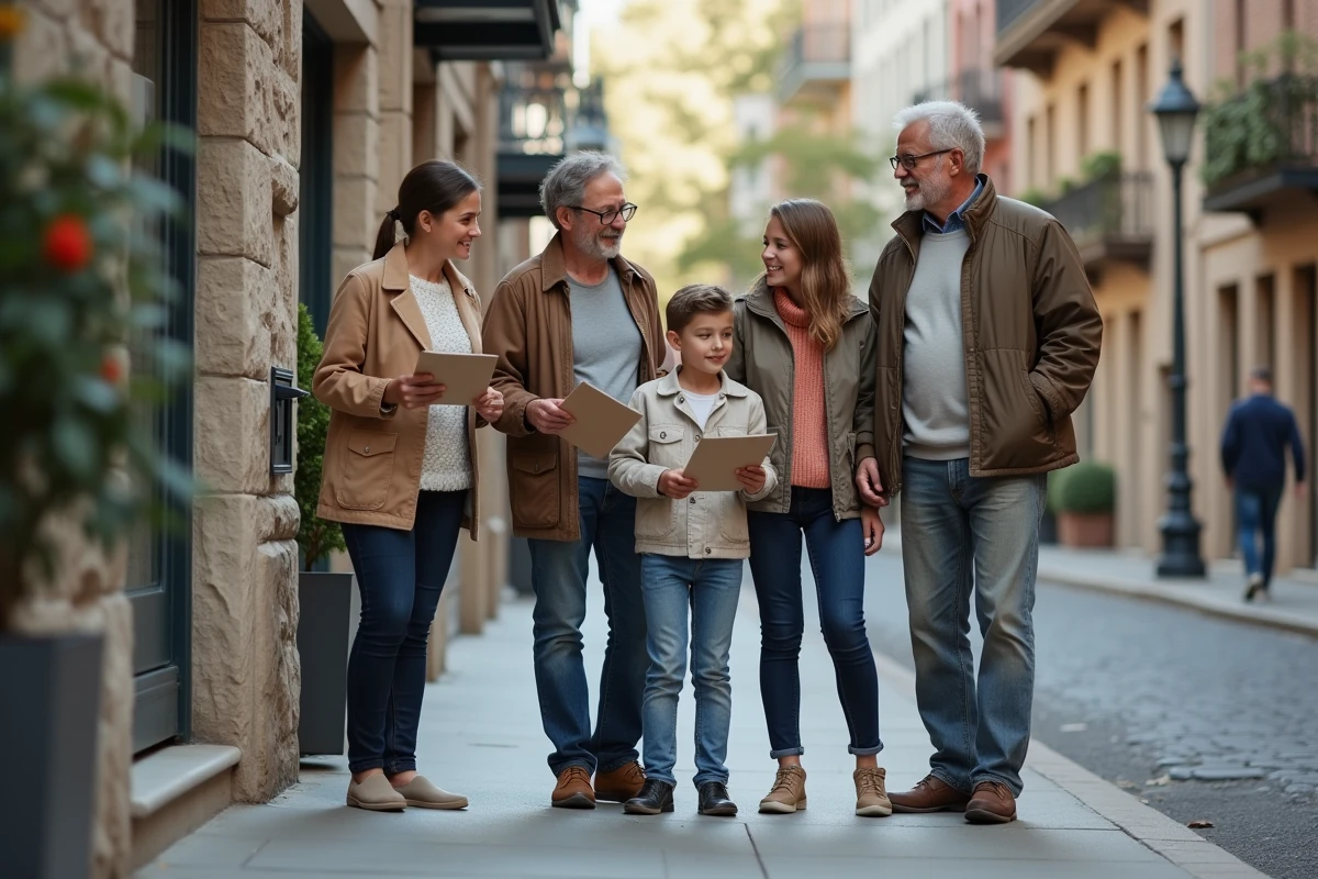 Famille multigeneration discutant dans la rue urbaine
