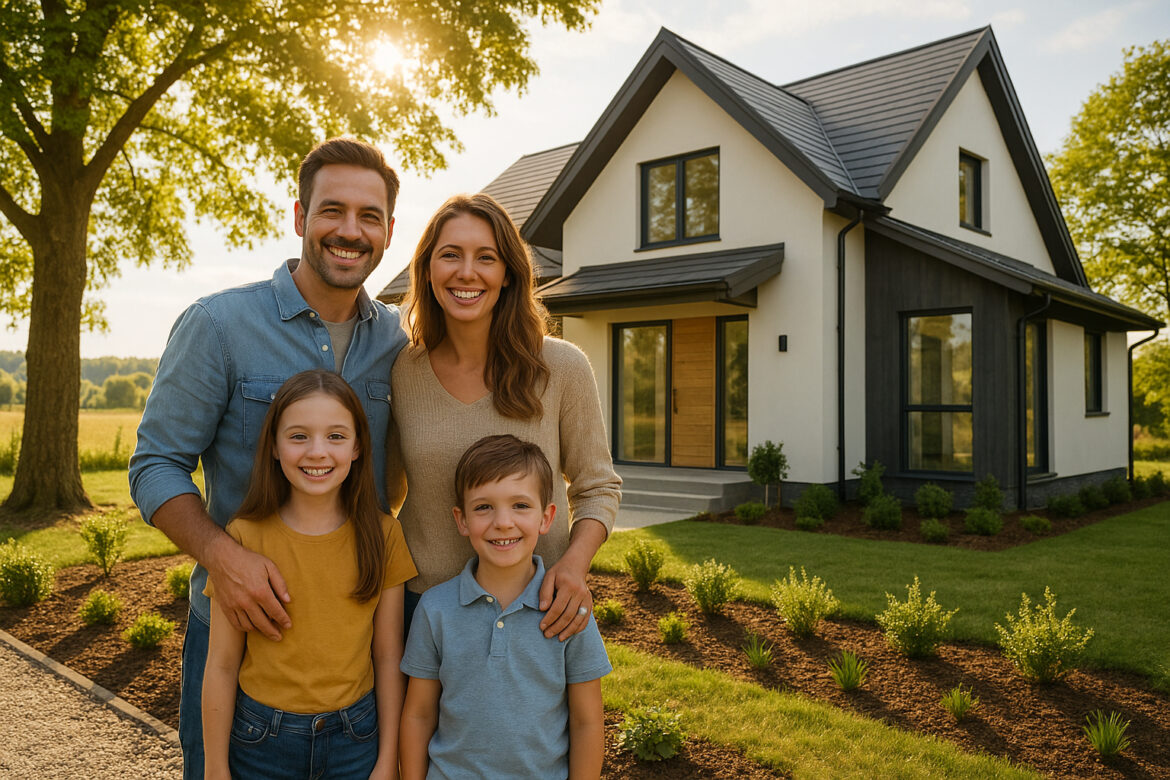 Famille heureuse devant leur maison moderne en campagne