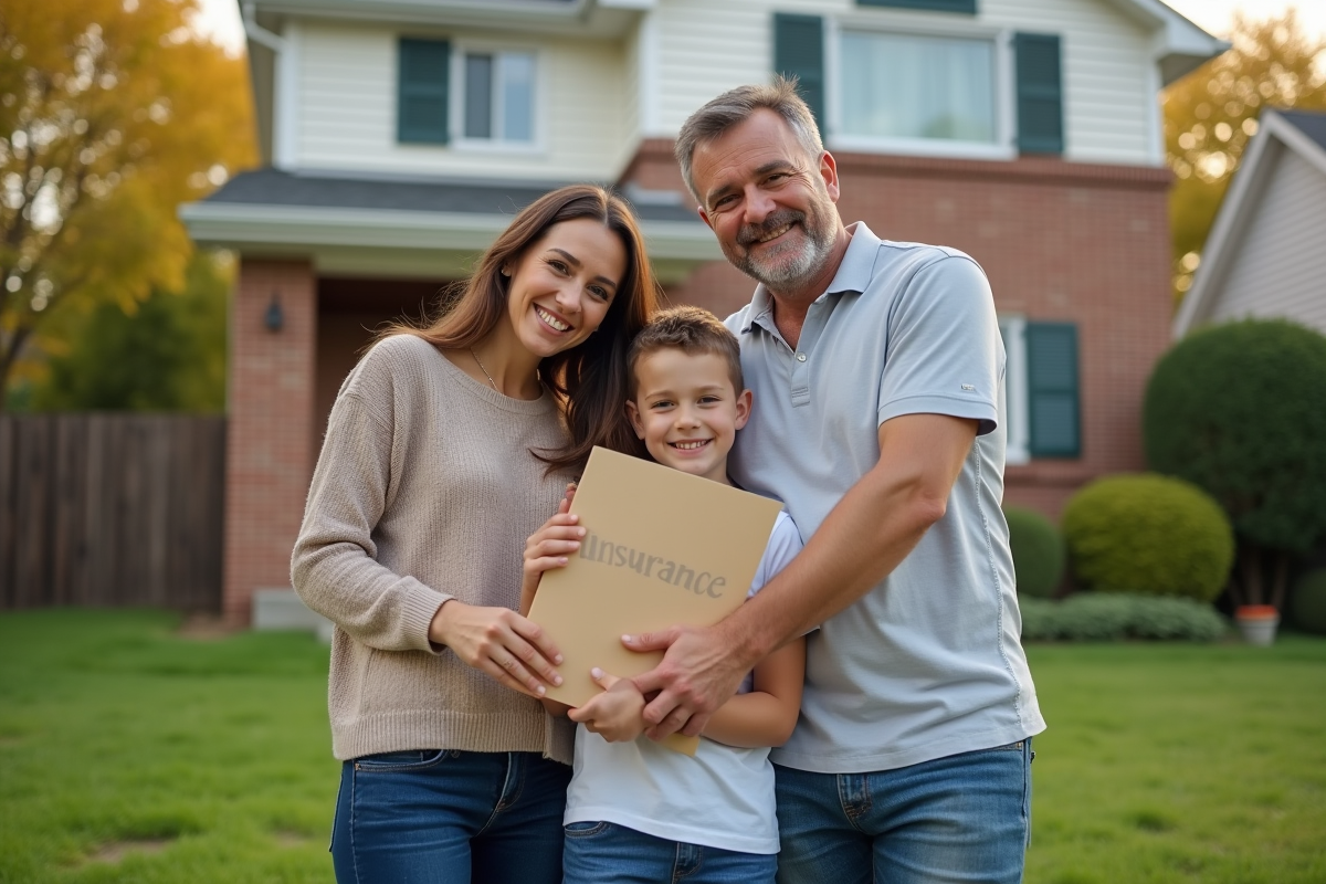 Famille souriante devant leur maison avec dossier d