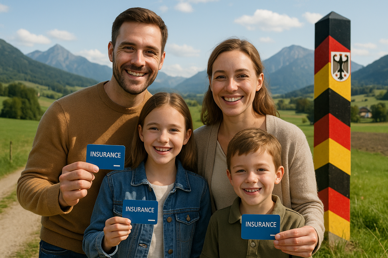 Famille souriante avec cartes d