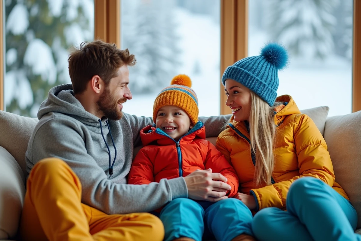 Famille dans un salon lumineux avec vue sur la neige