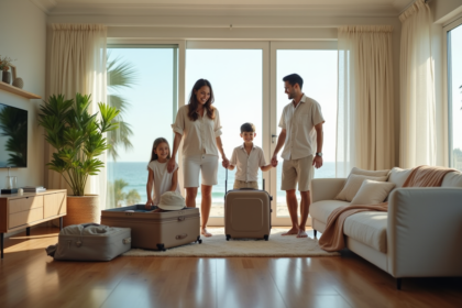 Famille souriante déballant leurs valises dans un salon lumineux