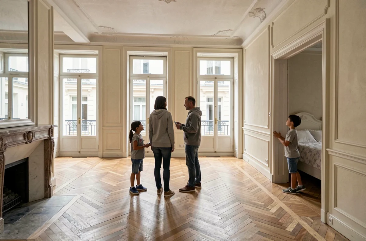 Famille visitant un grand appartement parisien avec parquet en chevrons et hauts plafonds haussmanniens