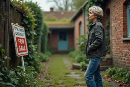 Femme en jeans regardant une maison abandonnée