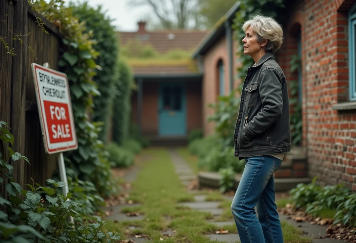 Femme en jeans regardant une maison abandonnée